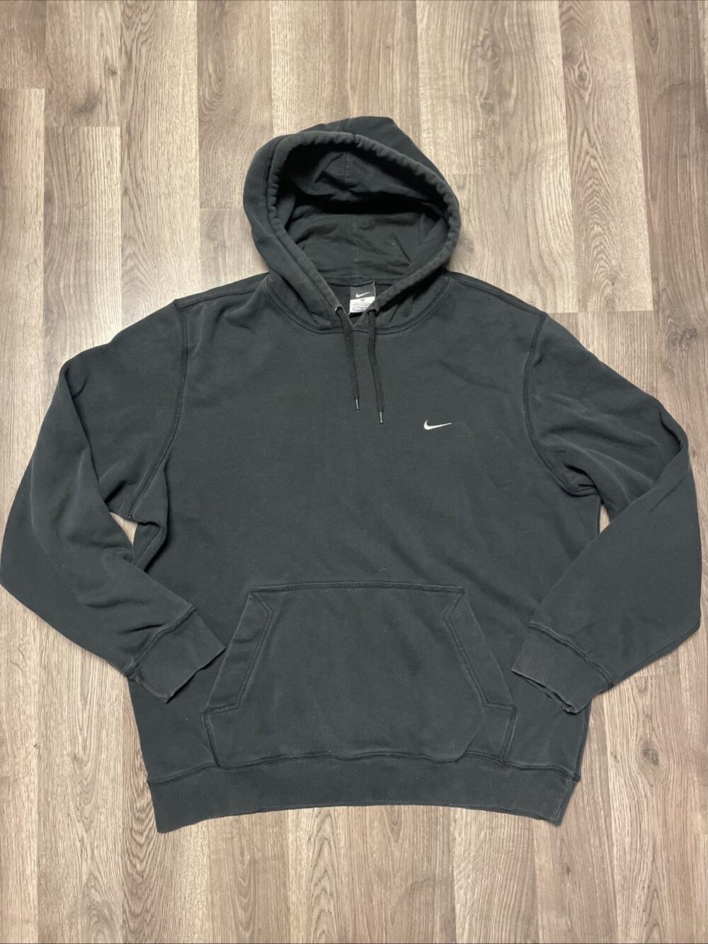 Vintage Nike Mini Swoosh Hoodie XL Black Y2K Grey Tag Faded Pullover Boxy Fit